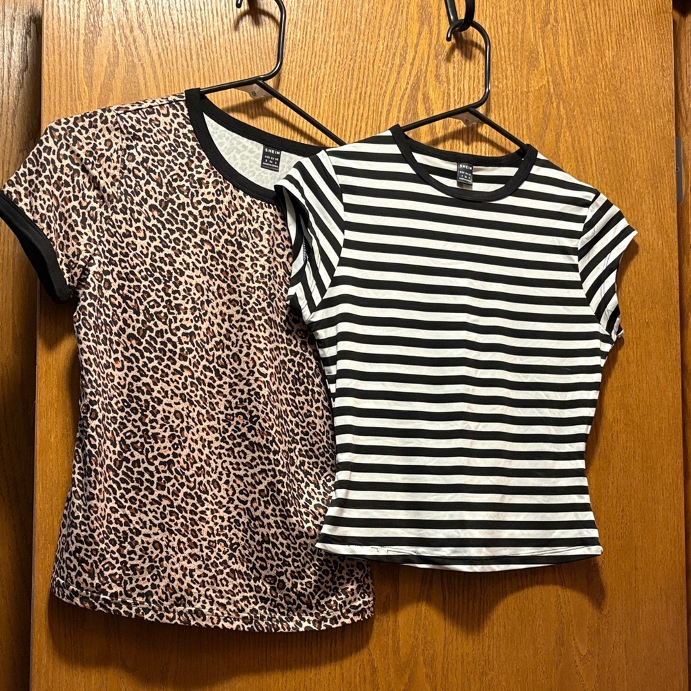 SHEIN Bundle of 2 Tees. Black and White Striped Tee and Leopard Print Top